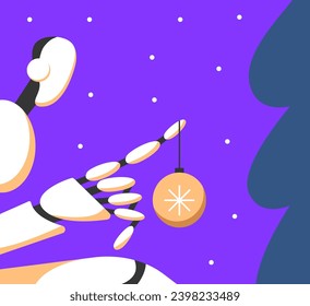 Robot decorates the Christmas tree. Artificial intelligence at the New Year's party. Preparing xmas gifts. Flat vector illustration.