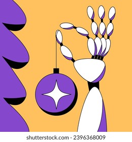 Robot decorates the Christmas tree. Robotic arm with Christmas decoration. AI at the New Year's party. Flat vector illustration.