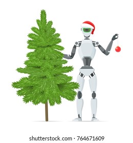 Robot decorates the Christmas tree. Christmas technology concept. Vector illustration.