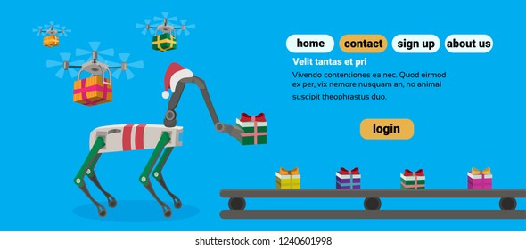 robot deer red hat gift box present drone delivery service factory conveyor industry robotic mechanical character reindeer flat copy space horizontal