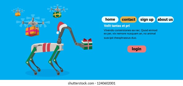 robot deer red hat hold gift box present drone delivery service cartoon animal robotic mechanical character reindeer flat blue background copy space horizontal