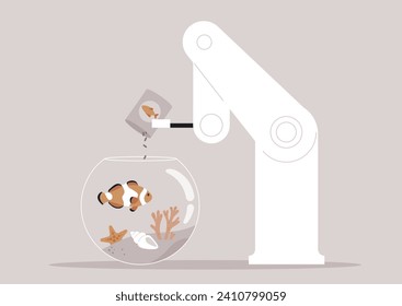 A robot delicately dispenses food to nourish a clown fish gracefully gliding within a round fish tank adorned with colorful corals and intricate sea shells, creating a serene underwater haven