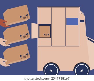 Robot delivery car and hand carrying cargo as automated delivery concept, flat vector stock illustration for industrial delivery