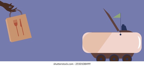 Roboter Lieferung Mann und Hand mit Produkten als Menschen Gepäck Konzept, flache Vektor Stock Kopienraum Illustration oder Vorlage oder Hintergrund
