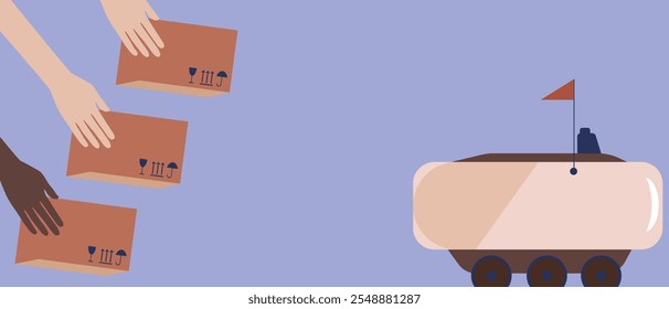 robot delivery man and hands with cargo as people fast lugistic concept, flat vector stock copy space illustration or template or background