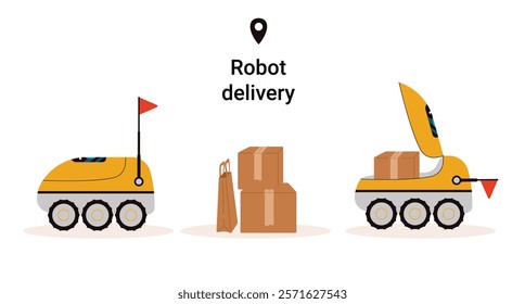 Robot delivery vector clip art collection. The robot's lid is open and the parcels are loaded. The robot delivers the parcel to its destination.