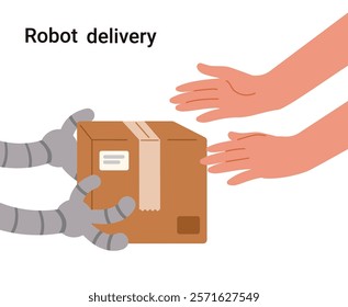 Robot delivery vector illustration. Robot and human hands with a parcel. Future technology concept. Fast delivery. 