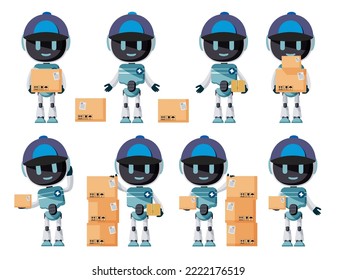 Robot delivery vector set design. Robotic characters with helmet and boxes courier elements for artificial intelligence delivery service collection. Vector illustration.
