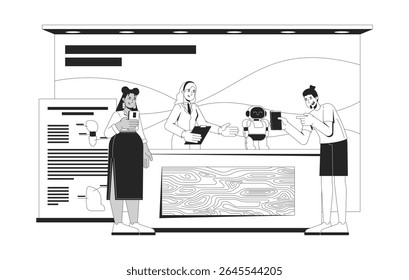 Demonstração de robôs no estande da feira de ciências com participantes engajados diversos personagens de linha 2D. Engenheira feminina de CTEM apresentando robótica isolada tinta vetorial delineia pessoas. Ilustração de ponto monocromático