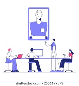 Robot Demonstrating Capabilities To A Team In Flat Vector Illustration Symbolizing Technology, Artificial Intelligence, And Innovation, Isolated On White Background.