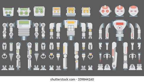 Robot design attributes,body parts and other details of vector image illustration set. Flat vector.