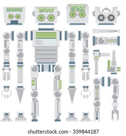 Robot design attributes,body parts and other details of vector image illustration set. Flat vector.