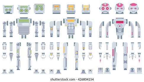 Robot design attributes,body parts and other details of vector image illustration set. Flat vector.