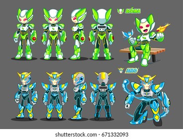Robot design for character game. With green and blue color.