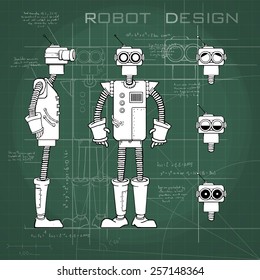 Robot Design, Front Side View, And Schematics, Vector Illustration