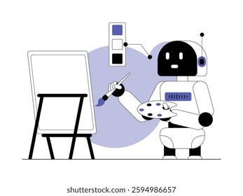 Robot designed as a painter with a specially designed system, semi outline style, artificial intelligence vector illustration.