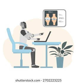 Robot at desk analyzing knee joint anatomy illustration on screen