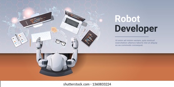 robot developer at workplace web site design development program coding concept top angle desktop view robotic humanoid using digital devices horizontal copy space