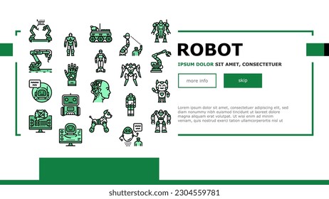 Robot Development And Industry Landing Web Page Vector. Pre-programmed Robot And Smart Cyborg, Industrial Robotic Arm And Humanoid. Futuristic Digital Computer Technology Illustration
