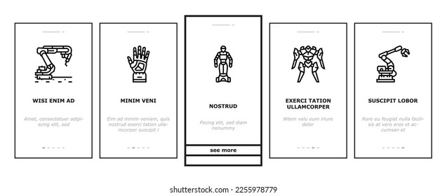 Robot Development And Industry onboarding mobile vector. Pre-programmed Robot And Smart Cyborg, Industrial Robotic Arm And Humanoid. Futuristic Digital Computer Technology Color Illustrations