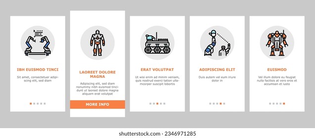 Robot Development And Industry onboarding mobile vector. Pre-programmed Robot And Smart Cyborg, Industrial Robotic Arm And Humanoid. Futuristic Digital Computer Technology Color Illustrations