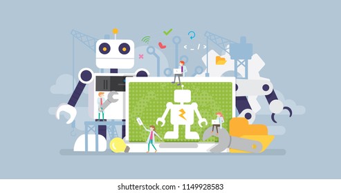 Roboter-Entwicklungstechnologie - Illustration von kleinen Menschen für Konzepte zur Vektorillustration, geeignet für Bildschirmhintergründe, Banner, Hintergründe, Karten, Buchillustrationen und Web-Landing-Page