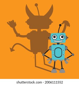 Robot Devil Inside Flat Vector Cartoon Illustration