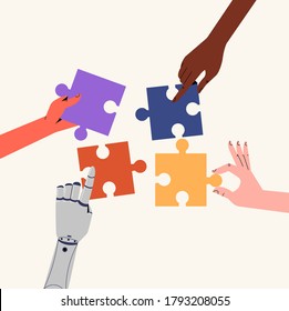 Robot And Different Color Hand Holding Puzzle. Social Relationship And Creativity.