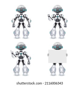 Robot different poses innovation technology science fiction future cute characters little set design vector illustration