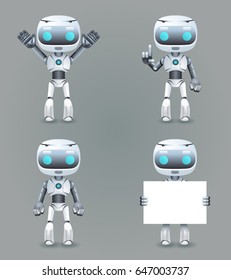 Robot different poses innovation technology science future fiction cute little 3d Icons set design vector illustration