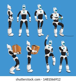 robot in different poses in set on blue background