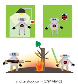 Roboter in verschiedenen Positionen. Krieg der Technik. Zerstörung des Planeten. Brennender Wald. Waffen zerstören die Natur. Lampenlicht. Kinderillustration. Vektorzeichen.