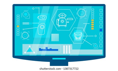 Robot Digital Design Flat Vector Illustration. Cyborg Creation Plan on Screen. Computer Assisted Robotics Modelling. Cartoon Touchscreen, Display with Bot Elements, Constituent Parts Infographics
