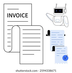 A robot and digital invoice are displayed. Ideal for accounting, automation, digital transformation, financial technology, and business efficiency themes. The design is clean and modern, emphasizing
