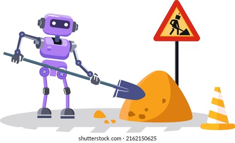 The robot digs the ground with a shovel. An image to illustrate construction processes such as road works, renovation of buildings and structures using automation and artificial intelligence.