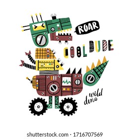 Robot dinosaur growls. A dinosaur consists of different mechanisms, levers, buttons and bolts. Can be used for shirt design, fashion print design, kids wear, textile design, greeting card.