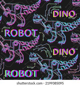 Robot Dinosaur pattern seamless. Iron monster Carnotaurus background. Mechanical animal predator ornament. Baby fabric texture