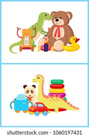 Robot and dinosaurs toy set, teddy bear and duck, car and panda toys collection for children to play, vector illustration isolated on white background