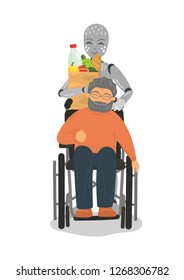 Robot with disabled senior man in wheelchair and grocery bag on white background. Futuristic concept. 