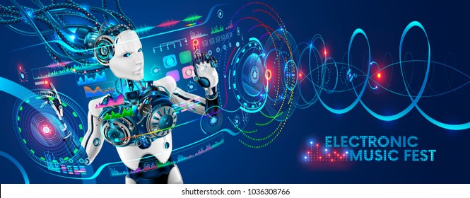 Robot disc jockey at virtual reality turntable. Cyborg DJ plays on sound mixer station at nightclub during party. Electronic music festival background. Robot tweak various track controls on dj deck.