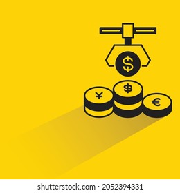 robot diversify of currency and investing risk on yellow background