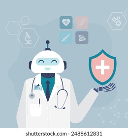 Robot doctor, artificial intelligence in medicine. Cyborg in white medical coat holds protection shield. Smart technology, machine learning for healthcare and clinical research. AI technology. vector