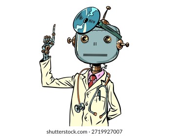 Robot doctor. Inteligencia artificial en medicina. Desarrollo futuro de la IA en la ciencia. Dibujo a mano de Ilustración vectorial retro de arte pop de dibujos animados cómicos. Sobre un fondo blanco