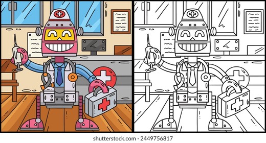 Robot Doctor Coloring Page Colored Illustration