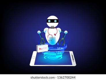 Robot doctor hologram hold medical bag on white smart phone. Sci-fi concept vector.