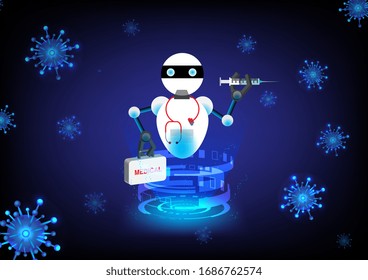 Robot doctor hologram hold medical bag with covid-19 on blue background. Sci-fi concept vector.