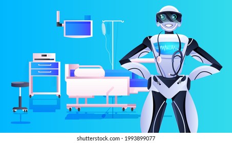 robot doctor with stethoscope modern hospital clinic ward interior medicine healthcare artificial intelligence concept