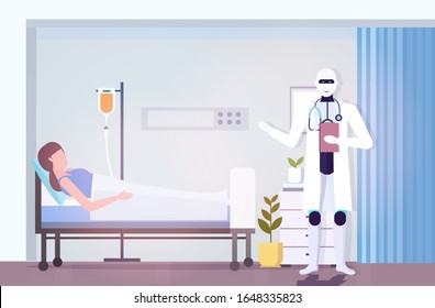 robot doctor visiting woman patient lying in bed artificial intelligence technology medicine healthcare concept intensive therapy clinic ward interior horizontal full length vector illustration