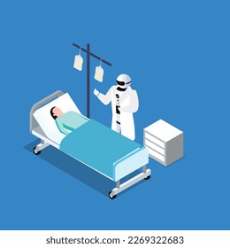 robot doctor visiting woman patient lying in bed 3d isometric vector illustration concept for banner, website, landing page, ads, flyer template