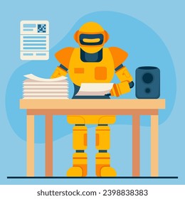 Roboter mit Dokumenten, Vektorgrafik. AI Roboter, der Rechnungen ausstellt und verschickt. Moderne Technologie im Handel, in der Wirtschaft, im Bereich der künstlichen Intelligenz